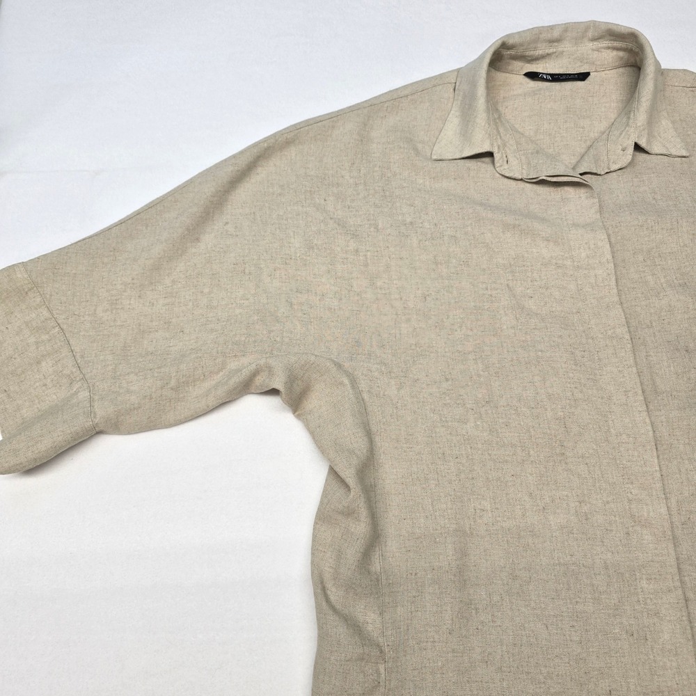 ZARA Linen Blend Short Sleeve Button Up Shirt Beige Cream Womens Small L Utility - Picture 5 of 15